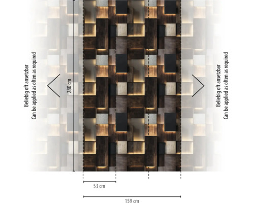 Vliesbehang met 3D-blokpatroon in hout- en steenlook, 280 centimeter hoog, 159 centimeter breed, oneindig herhaalbaar.