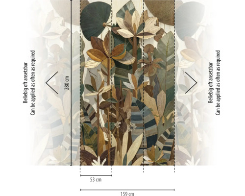 Vliesbehang met tropisch bladerpatroon en bloemen in houtlook. Hoogte 280 centimeter, breedte 159 centimeter, oneindig herhaalbaar.