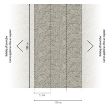 Technische tekening van behang met boogpatroon. Hoogte 280 centimeter, breedte 159 centimeter, baanbreedte 53 centimeter. Oneindig herhaalbaar.