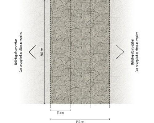 Technische tekening van behang met boogpatroon. Hoogte 280 centimeter, breedte 159 centimeter, baanbreedte 53 centimeter. Oneindig herhaalbaar.