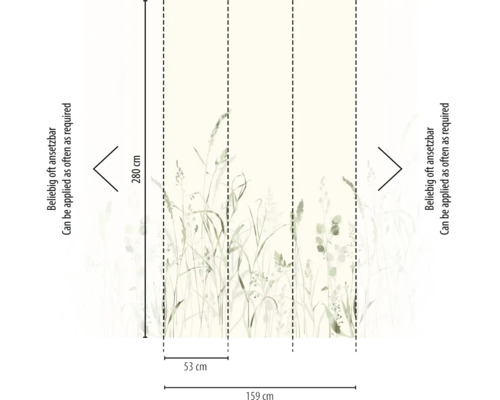 Vliesbehang met grassenmotief, afmetingen 280 centimeter hoogte en 159 centimeter totale breedte, bestaande uit drie banen van elk 53 centimeter, eindeloos herhaalbaar.