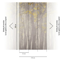 Fotobehang met mistig bos, hoogte 280 centimeter, breedte 159 centimeter, oneindig herhaalbaar met banen van 53 centimeter.