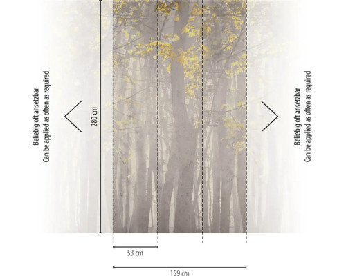 Fotobehang met mistig bos, hoogte 280 centimeter, breedte 159 centimeter, oneindig herhaalbaar met banen van 53 centimeter.