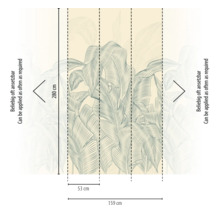 Fotobehang met tropisch bladmotief, oneindig herhaalbaar, breedte 159 centimeter, hoogte 280 centimeter.