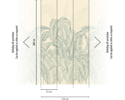 Fotobehang met tropisch bladmotief, oneindig herhaalbaar, breedte 159 centimeter, hoogte 280 centimeter.