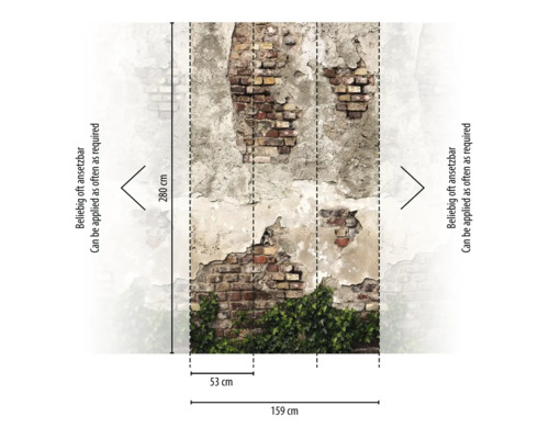Vliesbehang met baksteenlook, afbladderend stucwerk en klimop. Afmeting 159 centimeter bij 280 centimeter. Eindeloos te herhalen.