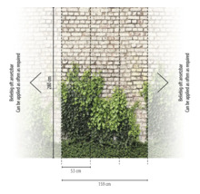Vlies fotobehang met bakstenen muur en klimop motief, 280 bij 159 centimeter, eindeloos herhaalbaar.