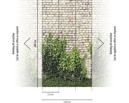 Vlies fotobehang met bakstenen muur en klimop motief, 280 bij 159 centimeter, eindeloos herhaalbaar.