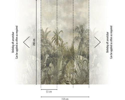Vliesbehang met jungle-motief, 280 centimeter hoog en 159 centimeter breed, 3 banen van 53 centimeter, patroon kan naar wens worden herhaald.