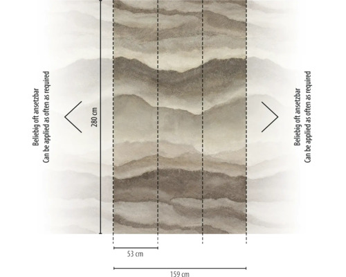 Fotobehang met bergmotief, hoogte 280 centimeter, breedte 159 centimeter, bestaande uit drie banen van 53 centimeter, onbeperkt herhaalbaar.