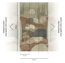 Vliesbehang met landschap, heuvels en bomen. Afmetingen: 280 centimeter hoog, 159 centimeter breed, drie banen van 53 centimeter.