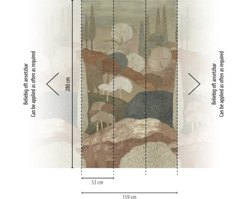 Vliesbehang met landschap, heuvels en bomen. Afmetingen: 280 centimeter hoog, 159 centimeter breed, drie banen van 53 centimeter.