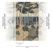 Fotobehang met bos- en zeelandschap, illustratie van bomen en struiken, afmetingen 159 centimeter bij 280 centimeter.