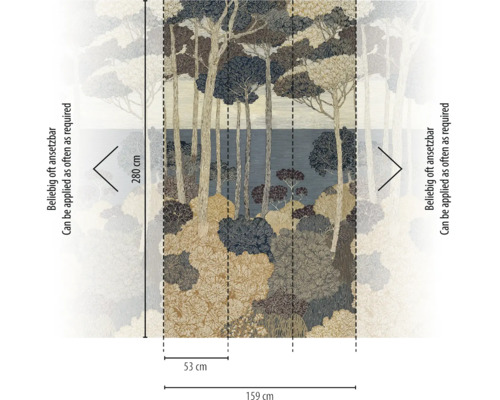 Fotobehang met bos- en zeelandschap, illustratie van bomen en struiken, afmetingen 159 centimeter bij 280 centimeter.