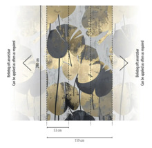 Fotobehang met grote bladeren in metallic look, oneindig herhaalbaar, hoogte 280 centimeter, baanbreedte 53 centimeter.