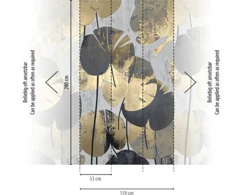Fotobehang met grote bladeren in metallic look, oneindig herhaalbaar, hoogte 280 centimeter, baanbreedte 53 centimeter.
