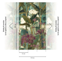 Fotobehang met botanisch motief van bloemen en bladeren. Afmetingen: hoogte 280 centimeter, totale breedte 159 centimeter. Onbeperkt herhaalbaar.