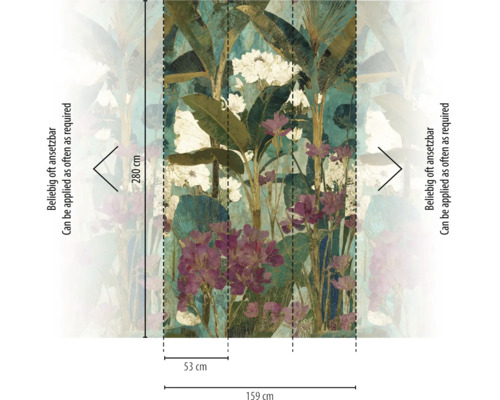 Fotobehang met botanisch motief van bloemen en bladeren. Afmetingen: hoogte 280 centimeter, totale breedte 159 centimeter. Onbeperkt herhaalbaar.