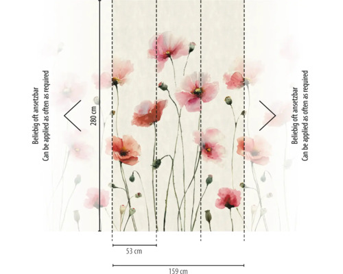 Fotobehang met aquarel klaprozen, afmetingen 159 bij 280 centimeter, bestaande uit 3 banen van 53 centimeter, patroon eindeloos te herhalen.
