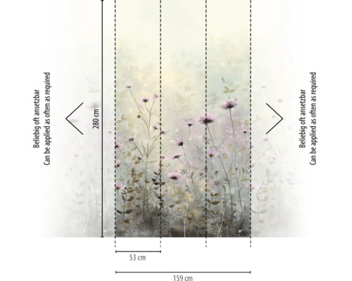 Fotobehang met wilde bloemen, hoogte 280 centimeter, breedte 159 centimeter, bestaande uit drie banen van 53 centimeter, oneindig herhaalbaar.