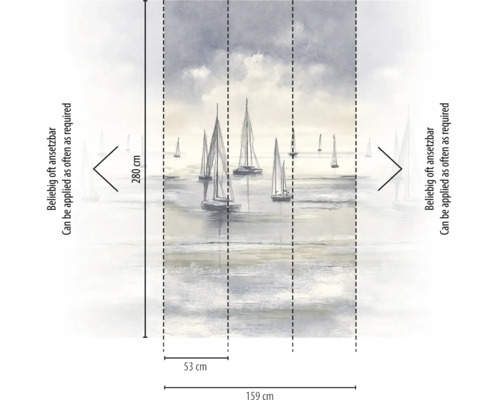 Fotobehang met zeilbootmotief, 159 bij 280 centimeter, bestaande uit drie banen van 53 centimeter, naar wens herhaalbaar.