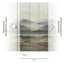 Fotobehang met berglandschap in de mist, hoogte 280 centimeter, breedte 159 centimeter, onbeperkt uitbreidbaar, bestaande uit drie banen.