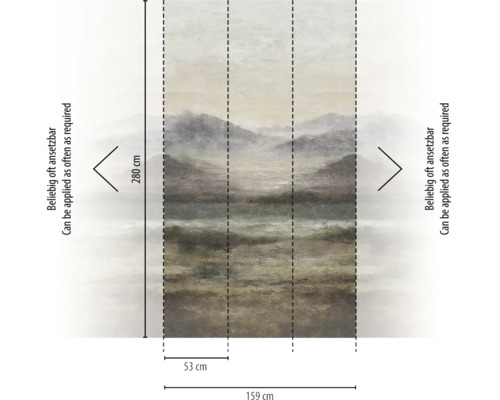 Fotobehang met berglandschap in de mist, hoogte 280 centimeter, breedte 159 centimeter, onbeperkt uitbreidbaar, bestaande uit drie banen.