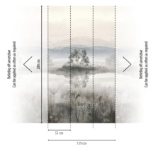 Vliesfotobehang met mistig landschap en meer, hoogte 280 centimeter, breedte 159 centimeter, onbeperkt herhaalbaar.