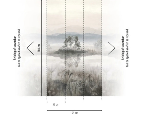 Vliesfotobehang met mistig landschap en meer, hoogte 280 centimeter, breedte 159 centimeter, onbeperkt herhaalbaar.