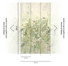 Vliesbehang met botanisch patroon van varens en bloemen, afmetingen 280 centimeter hoog en 159 centimeter breed, oneindig herhaalbaar.