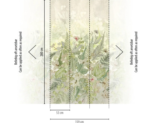 Vliesbehang met botanisch patroon van varens en bloemen, afmetingen 280 centimeter hoog en 159 centimeter breed, oneindig herhaalbaar.