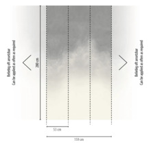 Schematische weergave van fotobehang met wolkenpatroon. Hoogte 280 centimeter, breedte 159 centimeter, drie banen van 53 centimeter. Herhaalbaar patroon.