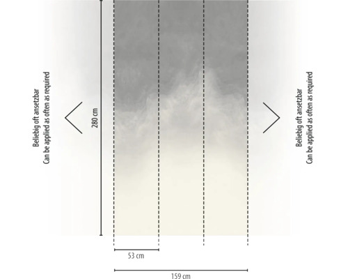 Schematische weergave van fotobehang met wolkenpatroon. Hoogte 280 centimeter, breedte 159 centimeter, drie banen van 53 centimeter. Herhaalbaar patroon.