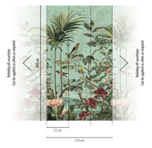 Fotobehang met jungle-motief, vogels en bloemen, hoogte 280 centimeter, breedte 159 centimeter, oneindig uitbreidbaar.