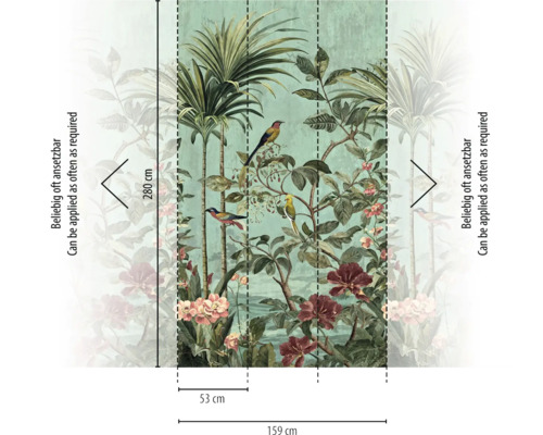 Fotobehang met jungle-motief, vogels en bloemen, hoogte 280 centimeter, breedte 159 centimeter, oneindig uitbreidbaar.
