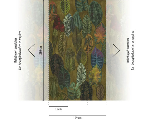 Fotobehang met junglebladeren, 280 centimeter hoog en 159 centimeter breed, drie banen van 53 centimeter, onbeperkt uitbreidbaar.
