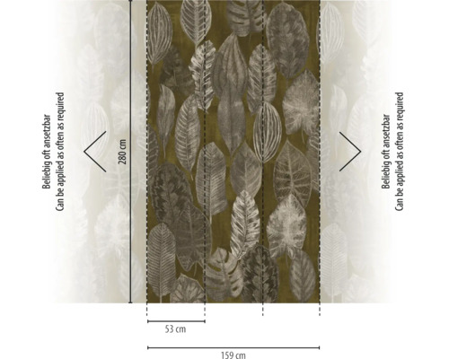 Fotobehang met botanisch bladerenpatroon. Afmetingen van 280 centimeter hoog en 159 centimeter breed. Het motief is onbeperkt uitbreidbaar.