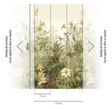 Fotobehang met botanisch patroon van bloemen, bladeren en vogels. Hoogte 280 centimeter, breedte 159 centimeter, herhaalbaar patroon.