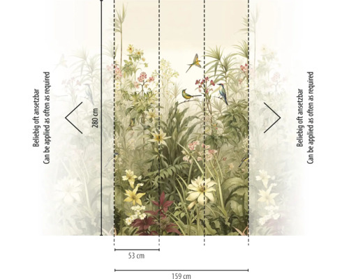 Fotobehang met botanisch patroon van bloemen, bladeren en vogels. Hoogte 280 centimeter, breedte 159 centimeter, herhaalbaar patroon.