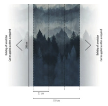 Fotobehang met bos- en mistmotief, 280 centimeter hoog, 159 centimeter breed, bestaande uit drie banen van 53 centimeter, oneindig uitbreidbaar.
