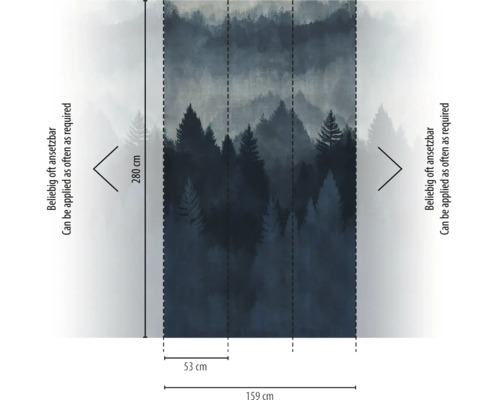 Fotobehang met bos- en mistmotief, 280 centimeter hoog, 159 centimeter breed, bestaande uit drie banen van 53 centimeter, oneindig uitbreidbaar.