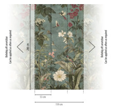 Fotobehang met botanisch patroon van bloemen en vogels. Afmetingen 159 centimeter bij 280 centimeter. Drie banen van 53 centimeter. Naadloos.