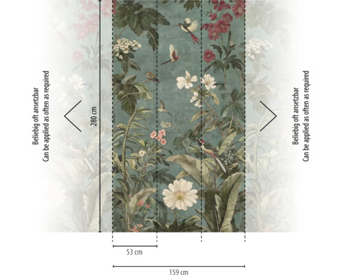 Fotobehang met botanisch patroon van bloemen en vogels. Afmetingen 159 centimeter bij 280 centimeter. Drie banen van 53 centimeter. Naadloos.
