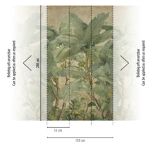 Fotobehang met tropisch bananenbladmotief in vintagestijl, hoogte 280 centimeter, breedte 159 centimeter, oneindig herhaalbaar.