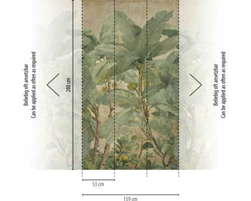 Fotobehang met tropisch bananenbladmotief in vintagestijl, hoogte 280 centimeter, breedte 159 centimeter, oneindig herhaalbaar.
