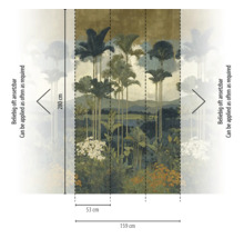 Vliesbehang met jungle- en palmmotief, afmetingen 159 bij 280 centimeter, oneindig herhaalbaar.