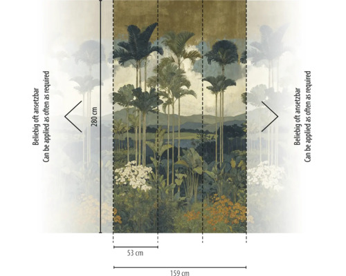 Vliesbehang met jungle- en palmmotief, afmetingen 159 bij 280 centimeter, oneindig herhaalbaar.
