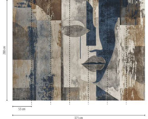 Vliesfotobehang met abstract gezicht in moderne kunststijl met gestructureerd patroon, afmetingen 280 bij 371 centimeter.