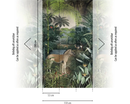 Vliesbehang met jungle-motief, zebra, palmbomen en tropische planten, hoogte 280 centimeter, breedte 159 centimeter, naar wens uitbreidbaar.