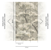 Vlies fotobehang met boommotief, afmetingen 280 centimeter hoog en 159 centimeter breed, bestaande uit drie banen, oneindig herhaalbaar.